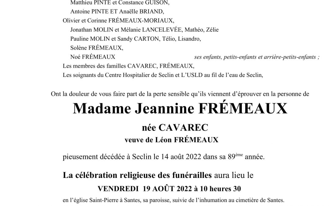 Madame Jeannine FRÉMEAUX née CAVAREC