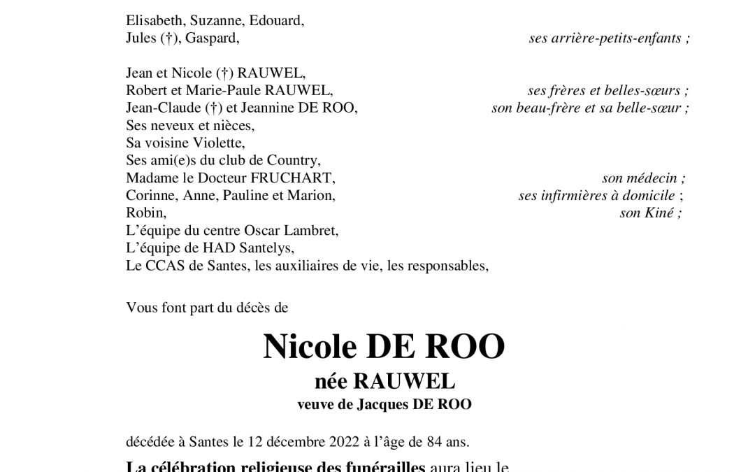 Mme Nicole DE ROO née RAUWEL