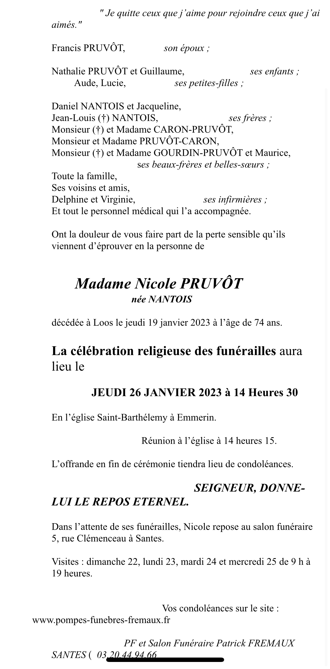 Pompes Funèbres Fremaux Santes Avis De Décès Madame Nicole PRUVÔT Née Nantois | pompes funèbres fremaux