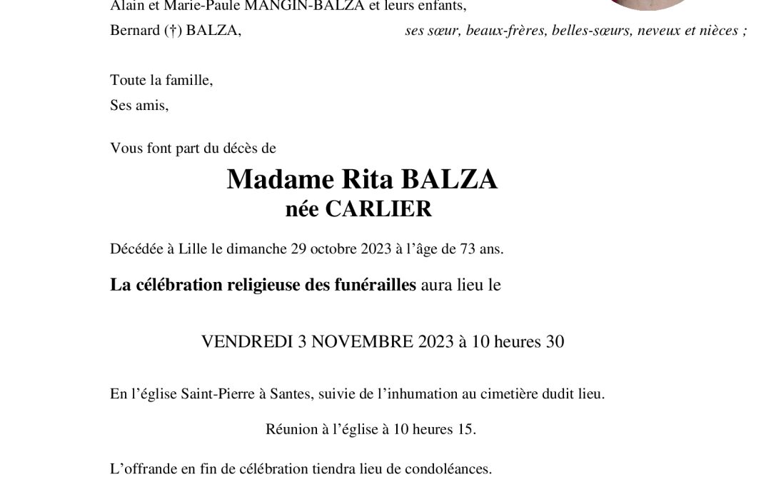 Madame Rita BALZA née CARLIER