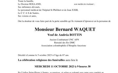 Monsieur Bernard WAQUET veuf de Andréa BOTTIN