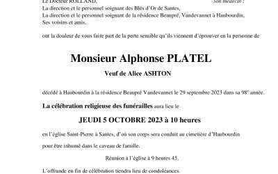 Monsieur Alphonse PLATEL  Veuf de Alice ASHTON