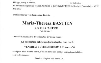 Madame Maria-Theresa BASTIEN née DE CASTRO « dit Tessa » Responsable de Magasin