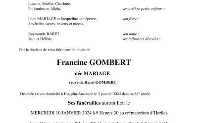 Mme Francine GOMBERT  née MARIAGE  veuve de Henri GOMBERT