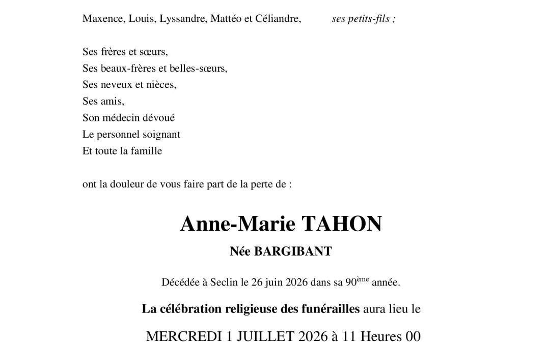 Mme Anne-Marie TAHON  née BARGIBANT